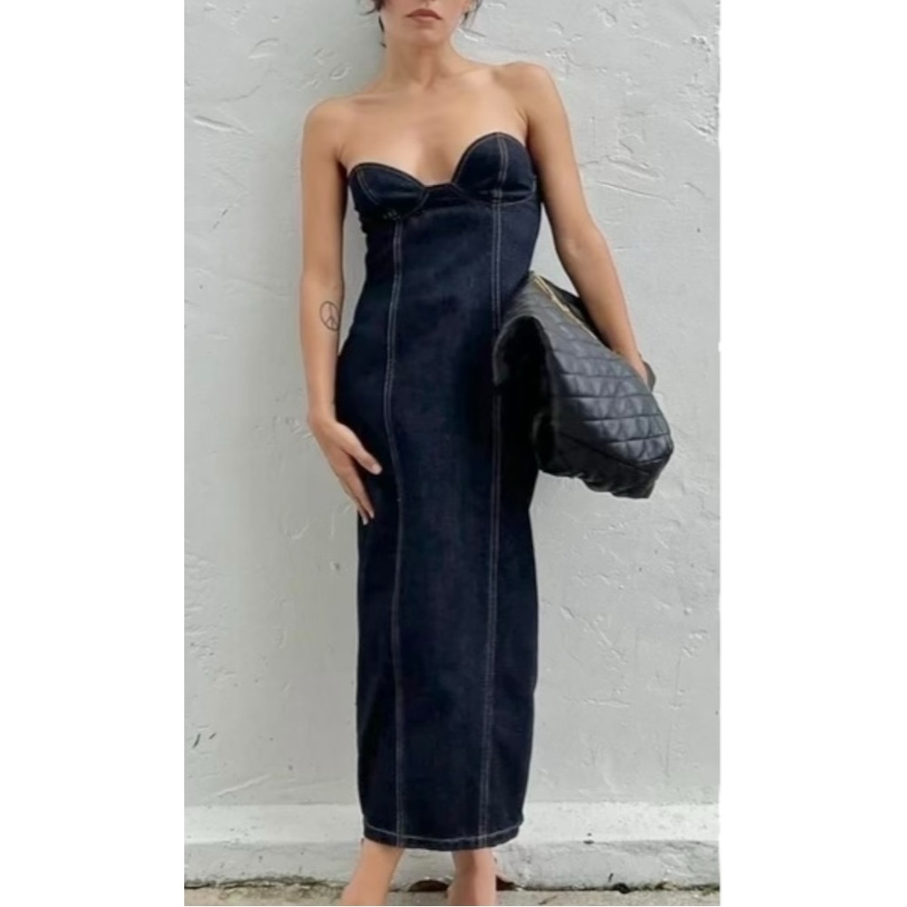 NWT LIONESS Smokeshow Dark Wash Denim Strapless Sleeveless Midi Dress sz M